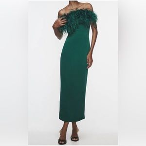 NWT Zara midi strapless green dress with feathers (Medium)